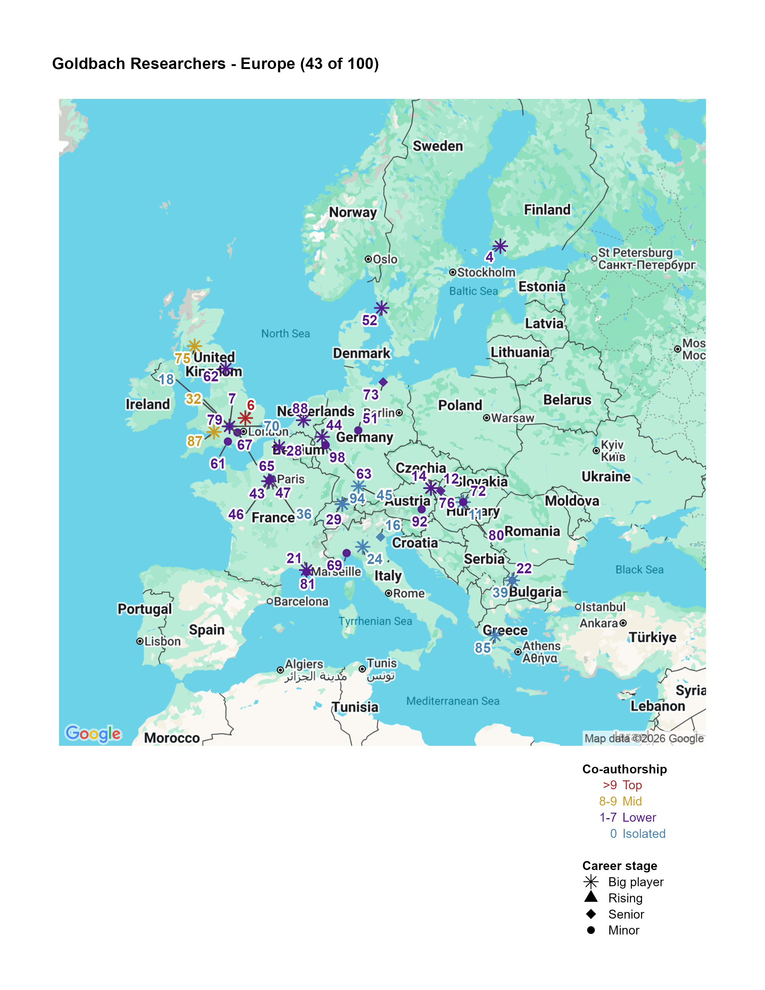 Map of Europe Top 100 researchers