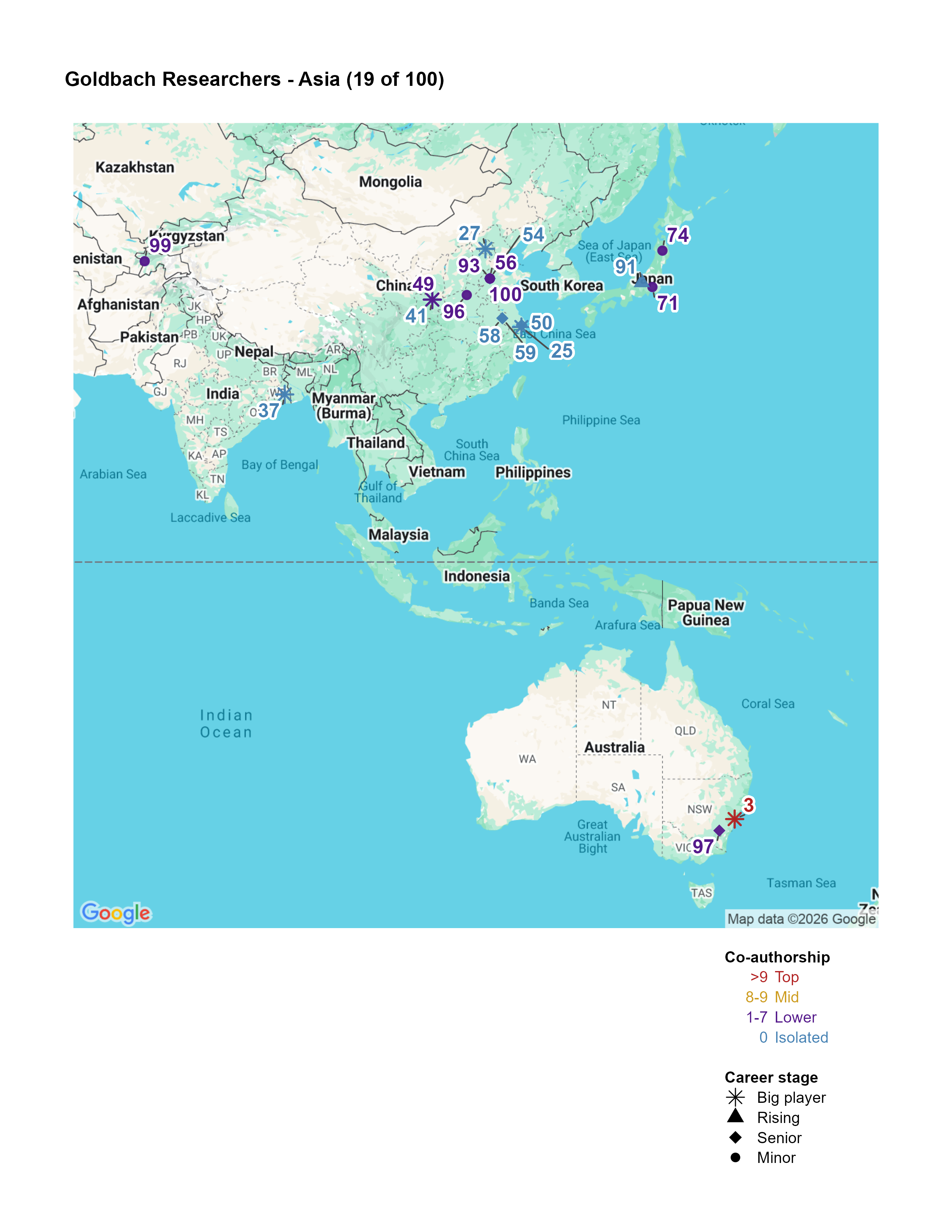 Map of Asia and Oceania Top 100 researchers